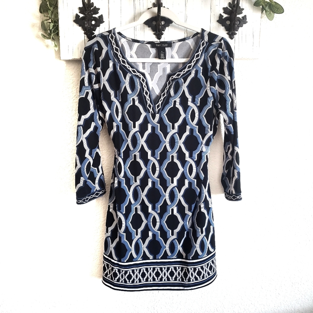 White House Black Market Geometric Trellis Tunic Mini Dress Navy Blue Medium